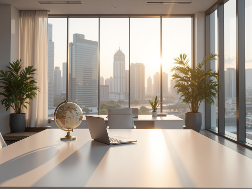 现代化城市天际线,高楼大厦林立,阳光透过玻璃幕墙反射出金色光芒,象征着光明的未来前景